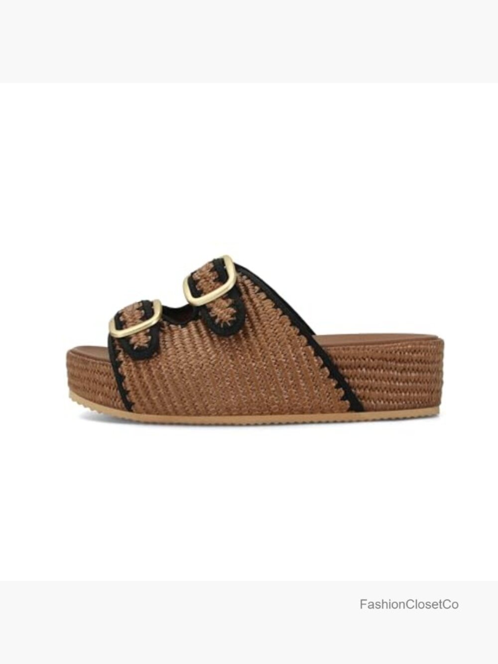 Women's Raffia Platform Slide Sandals Double Buckle Espadrille Summer Woven - Picture 5 of 7